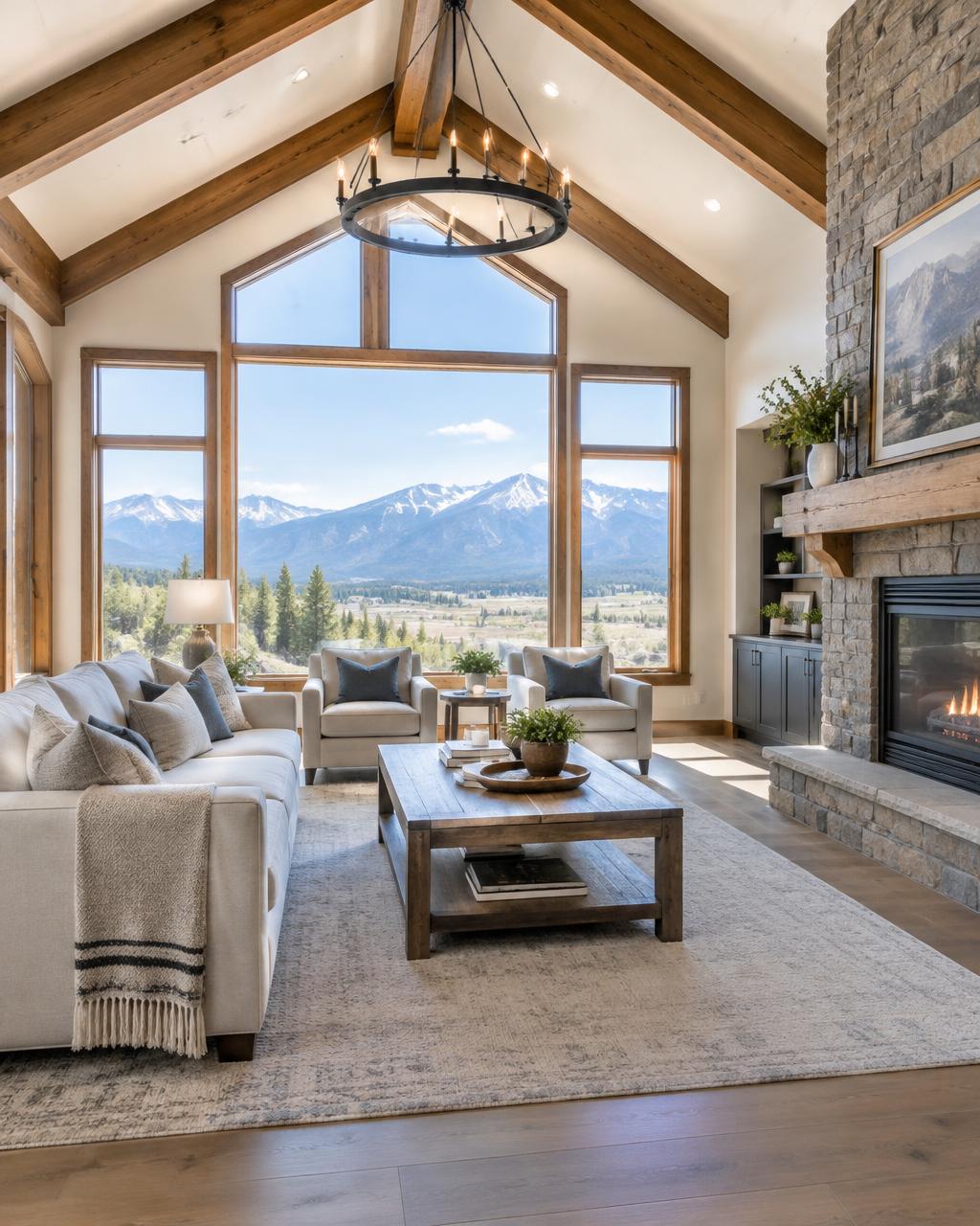 Illustrative bright Montana living room with mountain views
