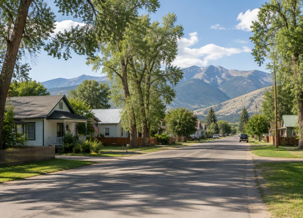 Illustrative tree-lined Montana residential street with a Cascade peak beyond